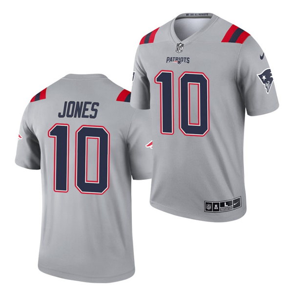 Men's New England Patriots #10 Mac Jones 2021 Gray Inverted Legend Stitched Jersey
